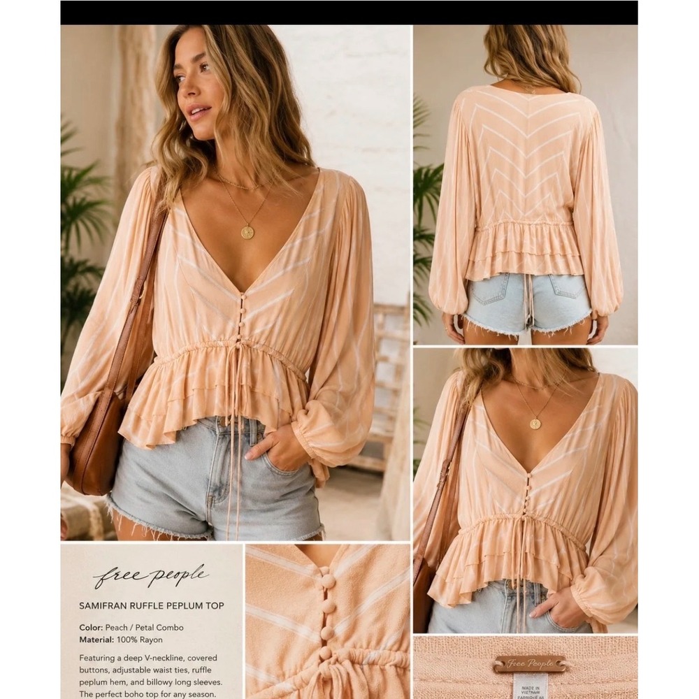 Free People Samifran Ruffle Peplum Top Peach Petal Stripe V-Neck Blouse Small